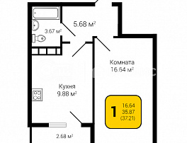 1-комнатная квартира, 37.21 м2