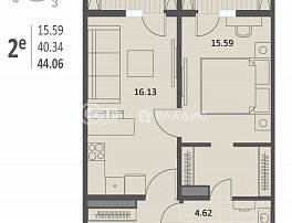1-комнатная квартира, 43.95 м2