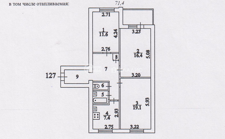 3-комнатная квартира, 71.4 м2, эт. 9, id: 974147, фото 27