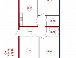 3-комнатная квартира, 92.2 м2