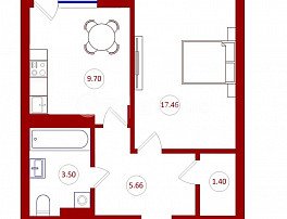 1-комнатная квартира, 38.96 м2