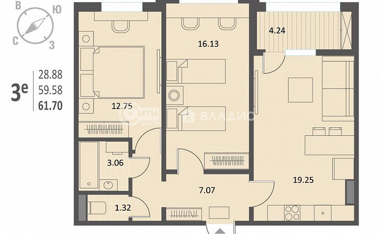 2-комнатная квартира, 62.9 м2, эт. 4, id: 917094, фото 19
