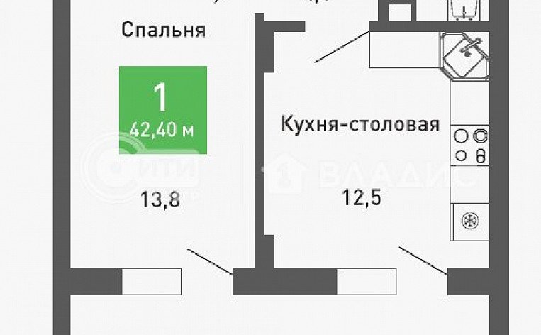 1-комнатная квартира, 42.4 м2, эт. 3, id: 1072300, фото 7