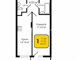 1-комнатная квартира, 42.11 м2