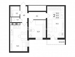 2-комнатная квартира, 60.8 м2