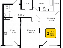 2-комнатная квартира, 72.19 м2