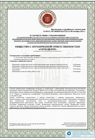 Приложение к сертификату соответствия от 08.10.21