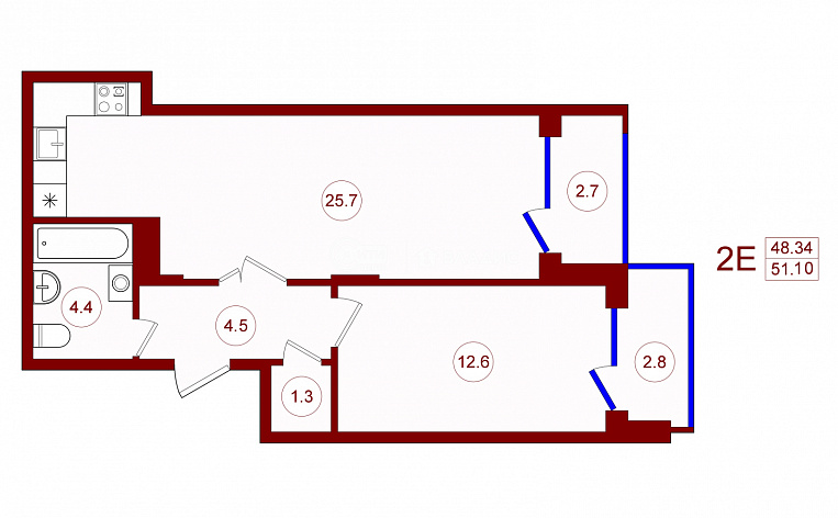2-комнатная квартира, 51.1 м2, эт. 19, id: 760761, фото 7