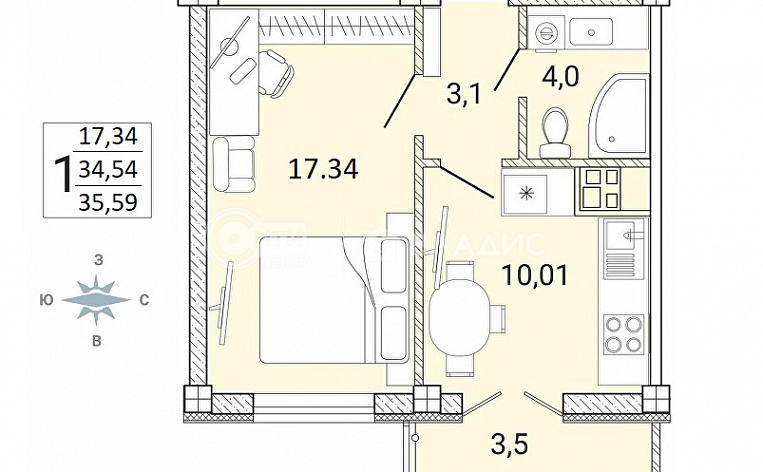 1-комнатная квартира, 35.59 м2, эт. 7, id: 992630, фото 12