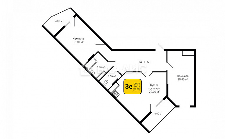 2-Комнатная квартира 74.30м², эт. 17, фото 7