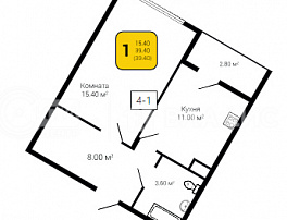 1-комнатная квартира, 39.4 м2