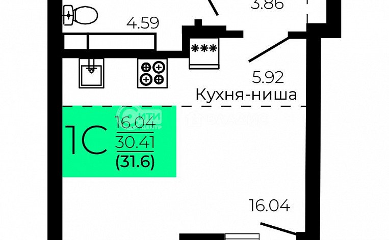 1-комнатная квартира, 31.6 м2, эт. 7, id: 1113276, фото 6