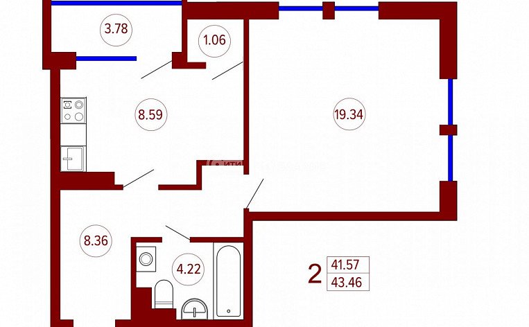 1-комнатная квартира, 43.46 м2, эт. 15, id: 824808, фото 20