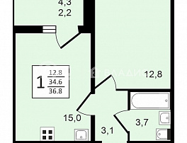 1-комнатная квартира, 36.9 м2