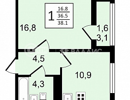 1-комнатная квартира, 38.3 м2