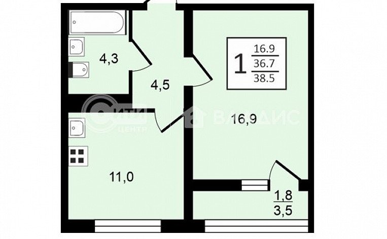 1-комнатная квартира, 38.5 м2, эт. 9, id: 1056953, фото 23