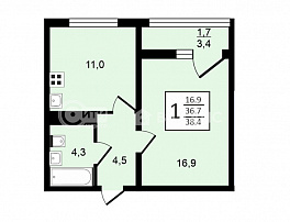 1-комнатная квартира, 38.4 м2