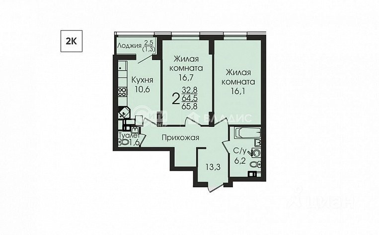 2-комнатная квартира, 65.4 м2, эт. 10, id: 833419, фото 6