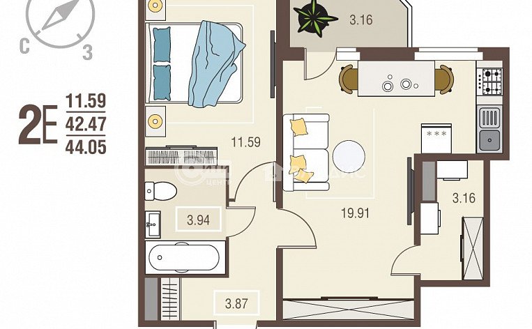 1-комнатная квартира, 44.05 м2, эт. 6, id: 978301, фото 15