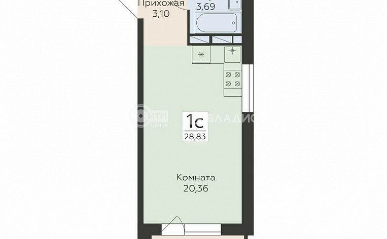 1-комнатная квартира, 28.83 м2, эт. 4, id: 1072017, фото 8