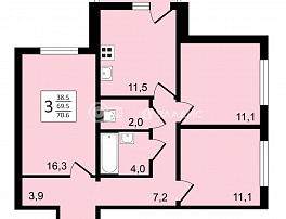 3-комнатная квартира, 70.6 м2