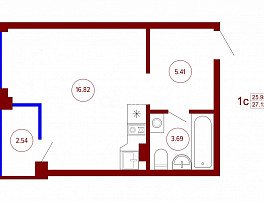 1-комнатная квартира, 27.12 м2