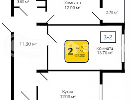 2-комнатная квартира, 57.3 м2