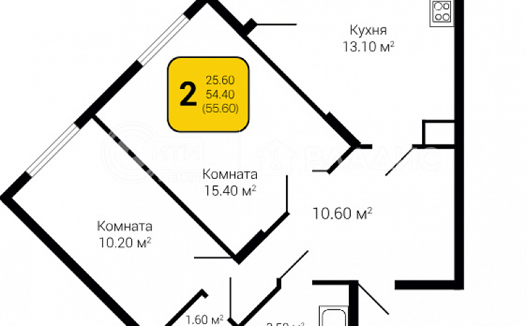 2-комнатная квартира, 55.6 м2, эт. 17, id: 828641, фото 2