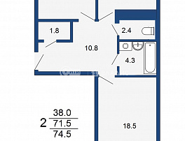 2-комнатная квартира, 74.5 м2
