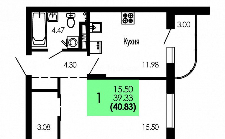1-комнатная квартира, 40.83 м2, эт. 8, id: 1113194, фото 4