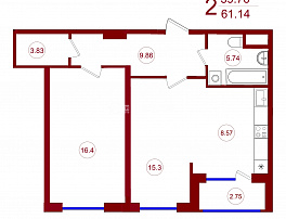 2-комнатная квартира, 61.14 м2