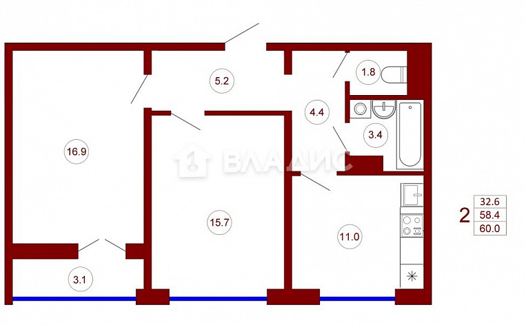 2-Комнатная квартира 59.00м², эт. 1, фото 6
