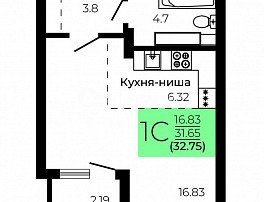 1-комнатная квартира, 32.75 м2