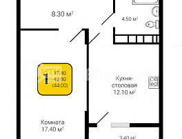 1-комнатная квартира, 44 м2