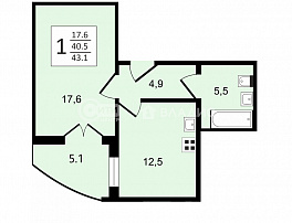 1-комнатная квартира, 43.1 м2