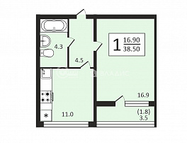 1-комнатная квартира, 38.5 м2