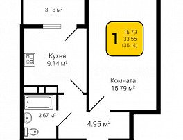 1-комнатная квартира, 35.14 м2