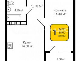 1-комнатная квартира, 39.5 м2