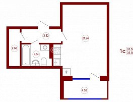 1-комнатная квартира, 33.82 м2