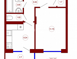 1-комнатная квартира, 33.54 м2