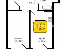 1-комнатная квартира, 42.97 м2