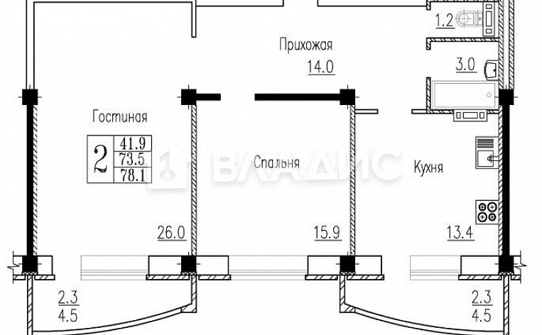 2-Комнатная квартира 78.10м², эт. 6, фото 16