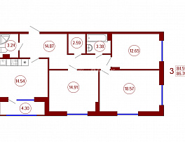 3-комнатная квартира, 86.7 м2