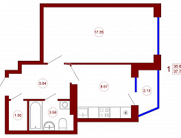 1-комнатная квартира, 37.7 м2