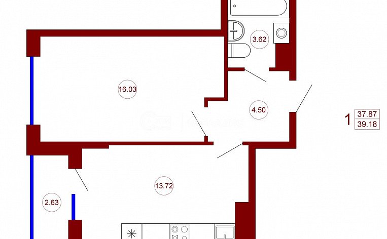 1-комнатная квартира, 39.18 м2, эт. 7, id: 787126, фото 6