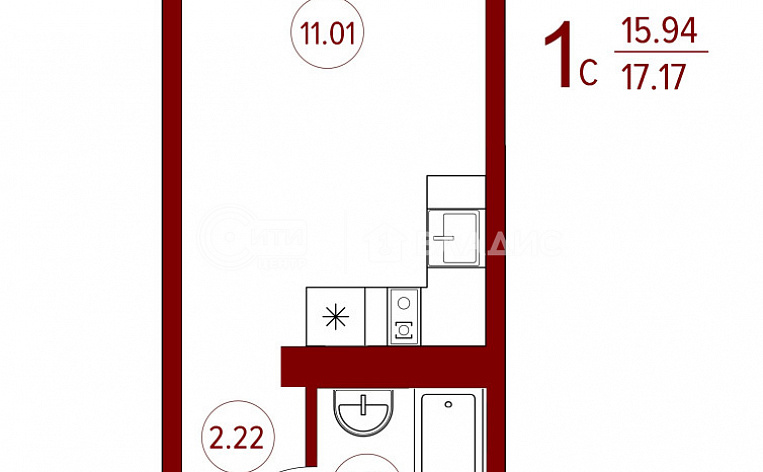 1-комнатная квартира, 17.2 м2, эт. 10, id: 1001692, фото 6