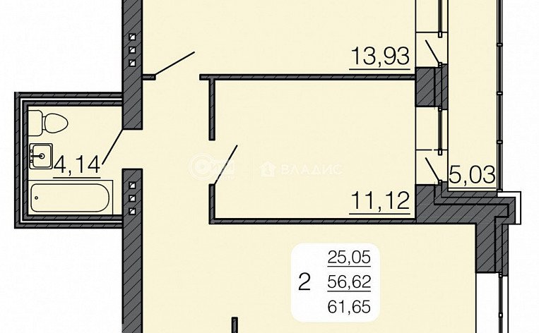 2-комнатная квартира, 59.14 м2, эт. 3, id: 1063730, фото 9