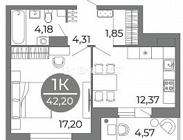 1-комнатная квартира, 42.2 м2