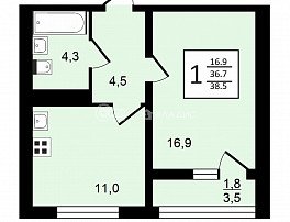 1-комнатная квартира, 38.5 м2