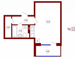 1-комнатная квартира, 33.82 м2